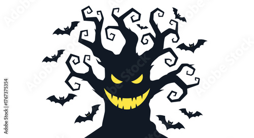 A spooky halloween illustration of an evil tree with bats flying around it in a scary scene