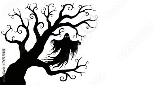 Eerie Halloween Night: Silhouette of a Ghost Emerging from a Twisted Tree