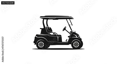 A sleek black golf cart is depicted in a side profile against a stark white background, showcasing its modern design and functionality for recreational use on the fairway.