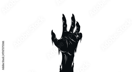 A skeletal hand, dripping with black liquid, reaches upwards against a stark white background, evoking themes of dread and the unknown.