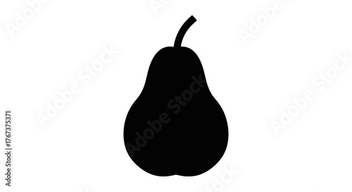 A simple black silhouette of a pear against a stark white background represents the essence of fruit.