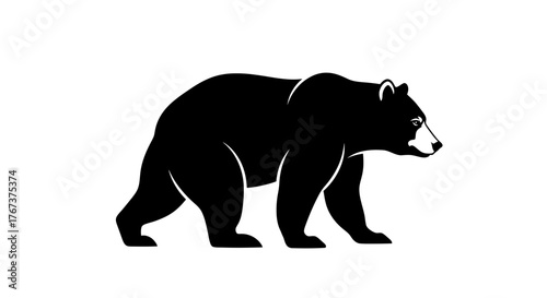 A stark black silhouette of a bear walking across a white background, symbolizing wildlife and nature.