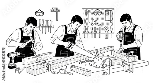 A skilled carpenter meticulously works on a wooden project, demonstrating various stages of woodworking with tools like a hammer, saw, and drill, highlighting the craft of carpentry and manual labor.