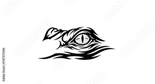 An artistic black and white illustration of a crocodile's eye, showcasing its intense gaze and textured skin.