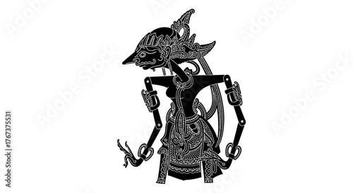 Intricate monochrome illustration of a Wayang Kulit puppet for traditional storytelling