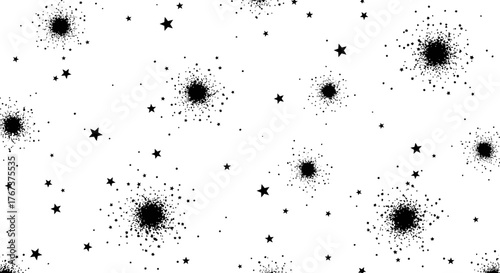 A seamless pattern of black ink splatters and small star shapes scattered across a clean white background, creating an abstract and textured graphic resource for design applications.