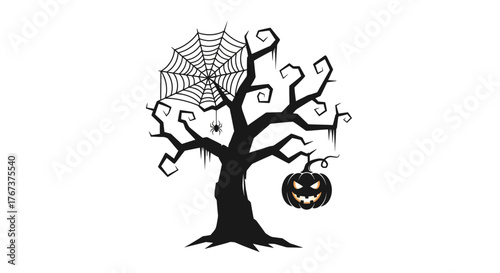 Spooky Halloween Tree Silhouette with Pumpkin Spider and Web for Festive Design Projects