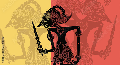 Intricate Wayang Kulit Illustration: Traditional Indonesian Shadow Puppet Art Depiction