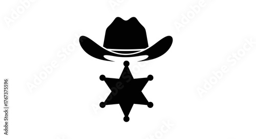 Iconic symbol of the Wild West sheriff's badge and cowboy hat for law enforcement
