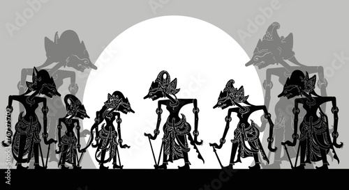 Intricate silhouettes of wayang kulit puppets representing traditional indonesian shadow play
