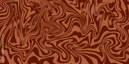 Retro coffee color background. Milk chocolate liquid dessert texture. Wavy swirl candy pattern for poster, cover, banner, pamphlet. Vintage brown trippy hippie wallpaper in 60s or 70s style. Vector