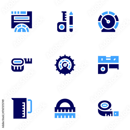 Measure icon set. Bold style. Duotone colors. measuring tape, measure tape, measuring jar, productivity, speedometer, ruler, tape