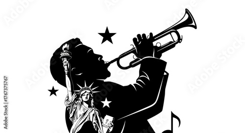 Silhouette of Trumpet Player with Statue of Liberty in Black and White Illustration