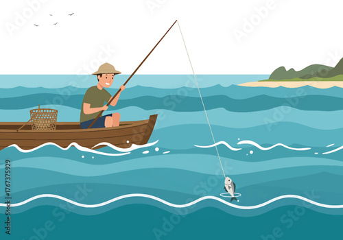 Fisherman catches fish from boat in wavy sea illustration