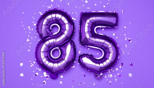 Purple balloon number 85 with confetti on solid colored background. Photo for anniversary or birthday party