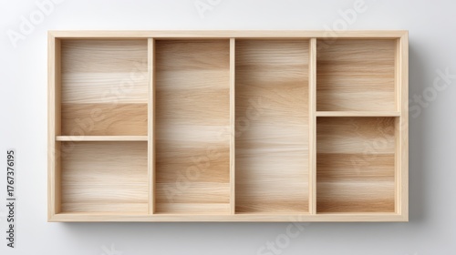 Wooden display organizer with multiple compartments, showcasing natural wood grain texture, ideal for home decor, office organization, or creative storage solutions