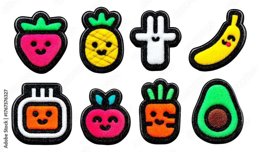 Fototapeta premium Cute Cartoon Fruit and Vegetable Patches in Vibrant Colors on Transparent Background