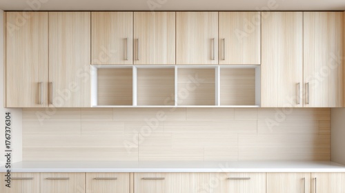 Modern kitchen cabinetry featuring light wood finish with sleek handles, showcasing open shelving and minimalistic design, ideal for contemporary home interiors and renovations