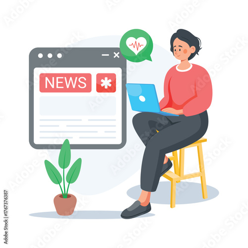 Flat illustration of woman reading medical news and health updates