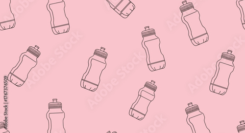 Seamless pattern of black outlined water bottles on a pink background.