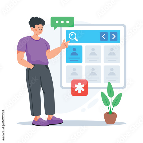 Illustration of man searching doctor profiles online using digital healthcare platform