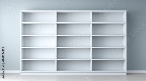 Minimalist white bookshelf with empty compartments against a soft blue wall, showcasing modern design and spacious layout for versatile storage solutions and decor options