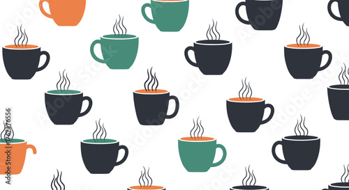 A seamless pattern of steaming coffee cups in various colors and designs on a white background.