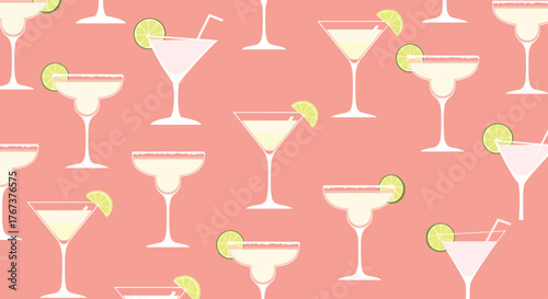 Seamless pattern of stylized cocktails with lime garnishes on a pink background.