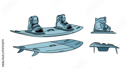 Multiple views of a kiteboard and wakeboard with boots for water sports and bindings.