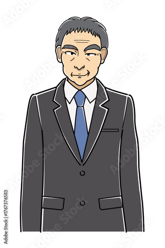 ニヒルな笑みのスーツの中年男性・上半身