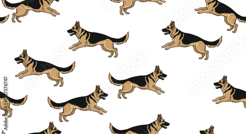 A repeating pattern of pixel art German Shepherd dogs running in various positions on a white background.