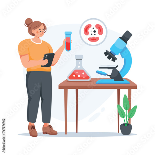 Illustration showing scientist analyzing blood samples with microscope in healthcare lab