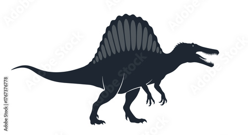Silhouette of a Spinosaurus dinosaur with a prominent sail on its back and open jaws.