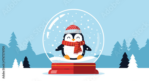 A cute cartoon penguin wearing a hat and scarf sits inside a snow globe during winter.