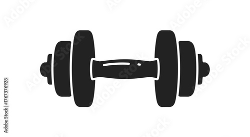 A black silhouette of a dumbbell on a white background, symbolizing fitness and weightlifting.