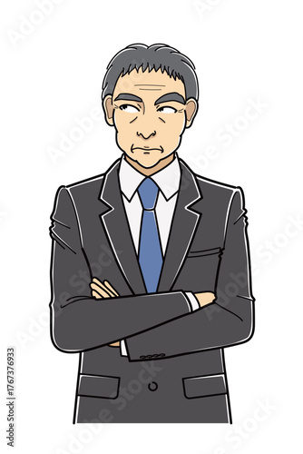 腕を組んで考え事をしているスーツの中年男性・上半身