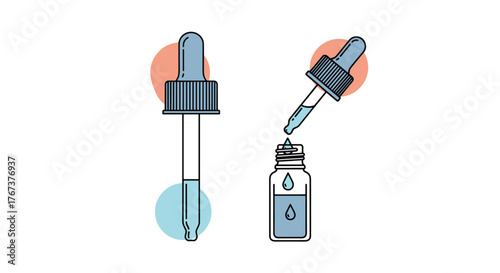 Two illustrations of droppers with liquid, one dispensing into a small bottle.