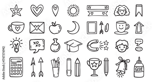 Random school elements set, primary cute icons, line art outline contour, monochrome, hand drawn