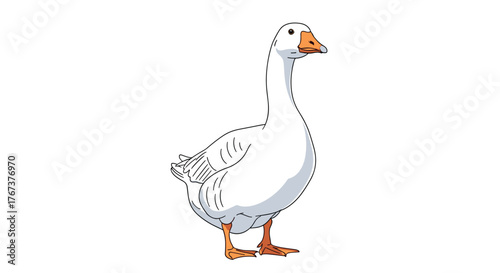 A simple cartoon illustration of a white goose standing on white background.