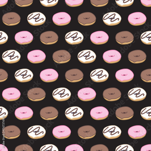 Seamless Donut Pattern with Cream Frosting and Colorful Glazes. Perfect for dessert packaging, cafe themes, and sweet food design.