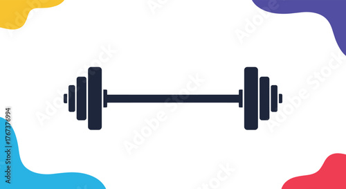 A dark blue barbell with weight plates on each side is centered on a white background with colorful abstract shapes.