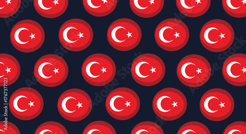 Seamless pattern of Turkish flags on a dark blue background, with a repeating motif of circular flags.