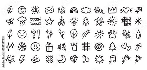 Cute mini doodle icons for primary school, smiles and symbols, line art outline contour, monochrome, hand drawn
