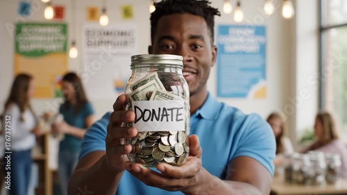 50_Man holding money jar with DONATE word written text label for giving and donation concept saving fundraising charity Coronavirus economic stimulus rescue package_4K_10s 45828267 1