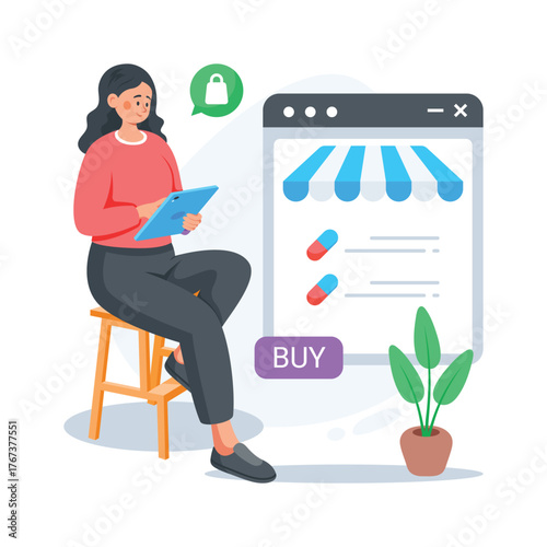 Illustration of woman buying medicines online from digital pharmacy store