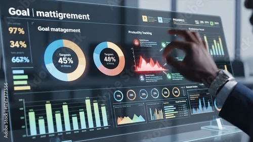54_KPI dashboard and business analytics concept with hand interacting with digital performance data showing AI-driven metrics productivity tracking goal measurement and smart business insig 34129276 1