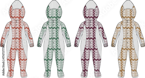 Set of baby hooded onesie fashion flat illustrations with a honeycomb quilted pattern. Apparel design technical sketch template