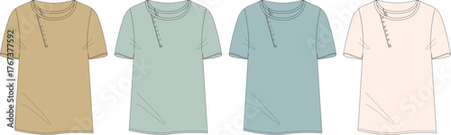 Set of women's t-shirt dresses in various colors. Fashion flat technical sketch with asymmetrical zipper detail