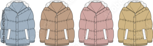 Set of colorful winter puffer jackets with fur hoods. Fashion technical flat sketch vector illustration template for clothing design