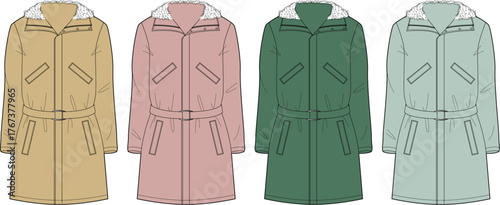 Fashionable Winter Coat Variations with Belt and Hood in Pastel Colors